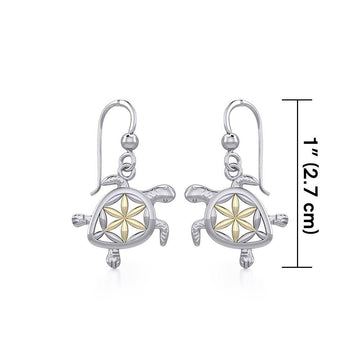Swimming Turtle with Flower of Life Shell Silver and Gold Accent Earrings MER1786 - Jewelry